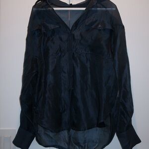 Express Dark Teal Sheer Button-Front Blouse